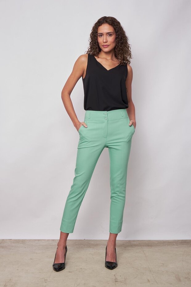 High Waist Pocketed Leg Slit Ankle Length Lightweight Stretch Fabric Fabric Stylish Office Trousers-Mint