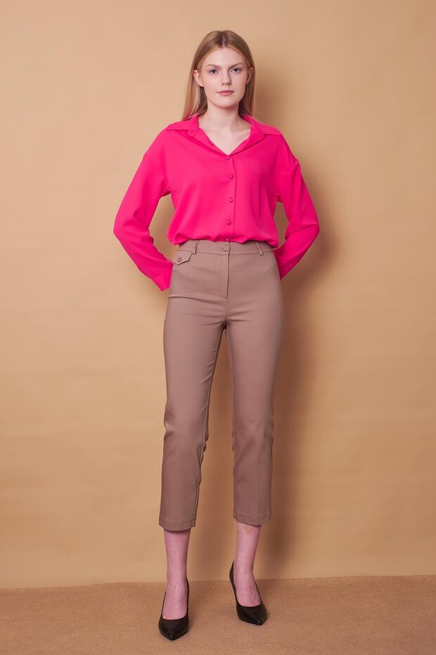 Women's Collared Off-Shoulder Long Sleeve Lycra Free Fabric Shirt-Fujia