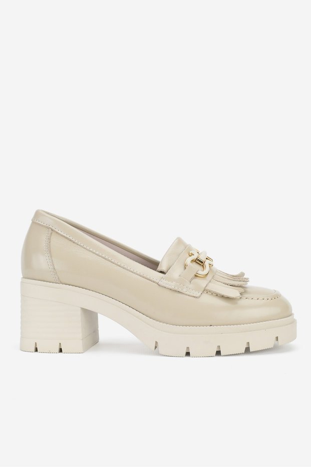 Women's Beige Patent Leather Genuine Leather 36-41 Size Tassel Heeled Loafer Shoes