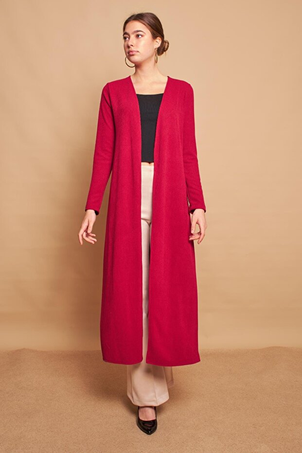 Wrap Back Double Breasted Long Sleeve Slim Knitwear Cardigan-Burgundy