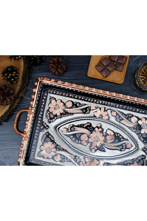 صينية تقديم نحاسية بمقبض مستطيل 39 سم - 2