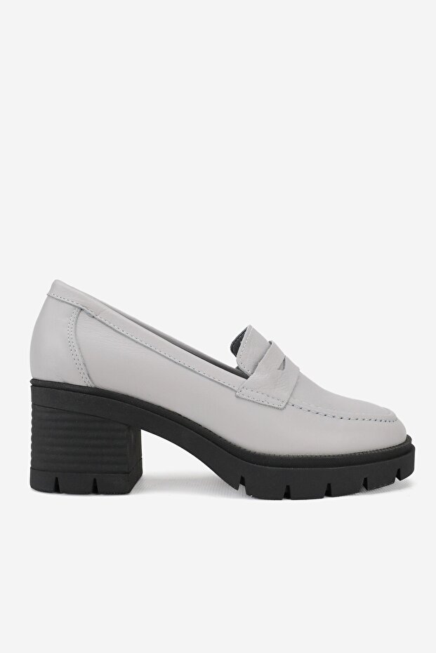 Women's Gray Genuine Leather 36-41 Number Thick Heel Loafer Shoes