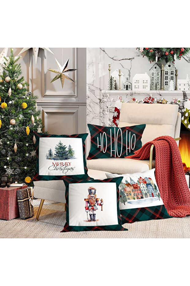 4-Piece New Year's Themed Velvet Throw Pillow Cover 43X43 cm - Decorative Pillowcase