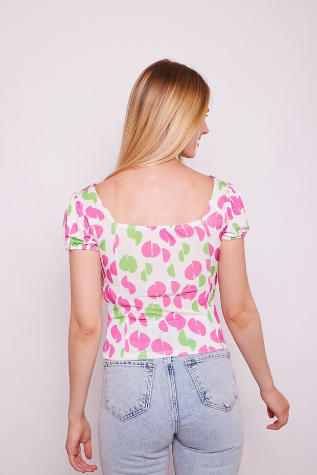 Patterned Buzy Lycra Front Back Square Collar Sleeves Gathered Blouse -magenta Points - 6