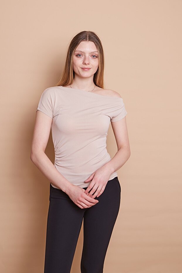 Stretch Fabric Crepe Fabric Boat Neck Off-Shoulder Stylish Blouse-Beige