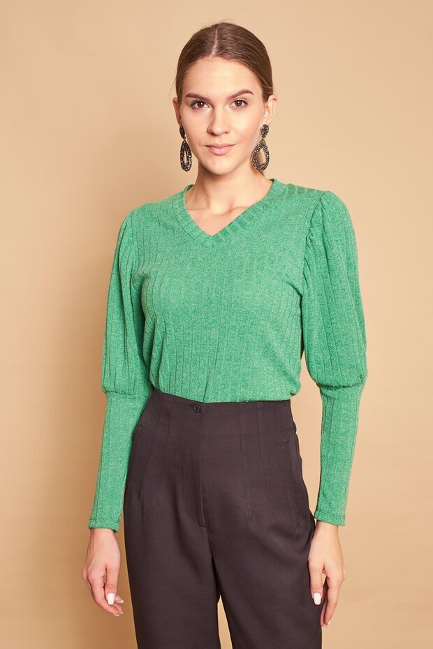 V-Neck Sleeve Gathered Long Sleeve Light Flexible Knitwear Blouse-Emerald