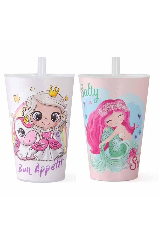 2 Adet Desenli Plastik Pipetli Bardak Kız Model 400 ml - 1