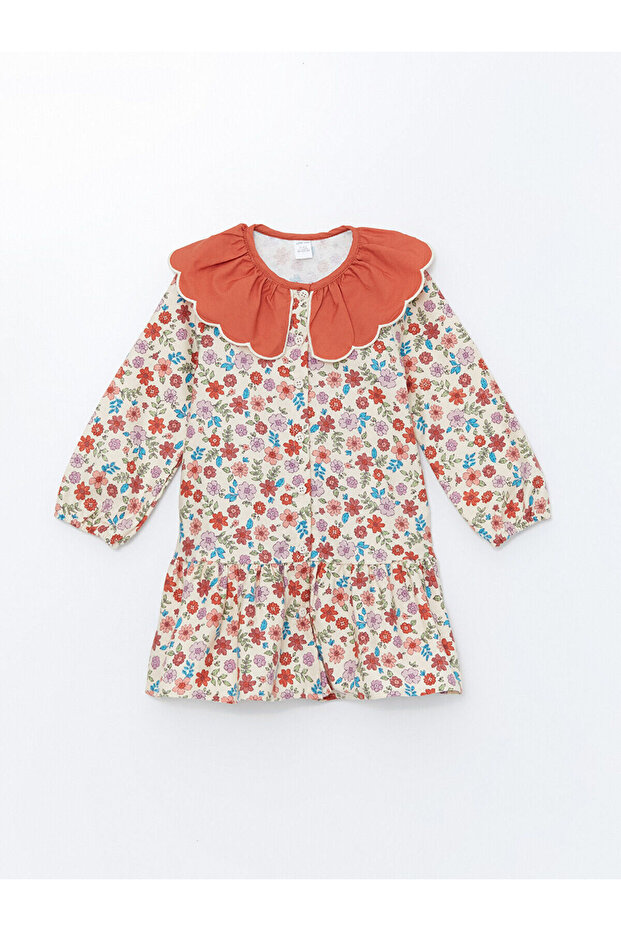 Lw - Bebe Yaka Uzun Kollu Çiçekli Kız Çocuk Elbise - 1