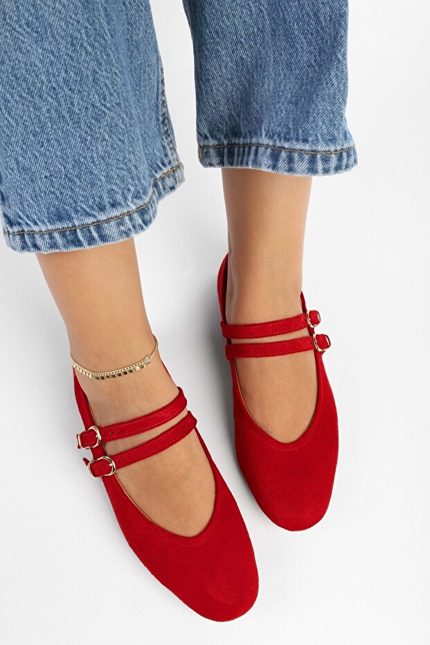 Women's Fiesty Red Suede Double Strap Ballerinas
