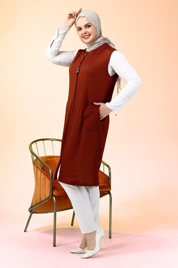 Women's Hijab Clothing Long Summer Pocket Zippered Vest Tile
