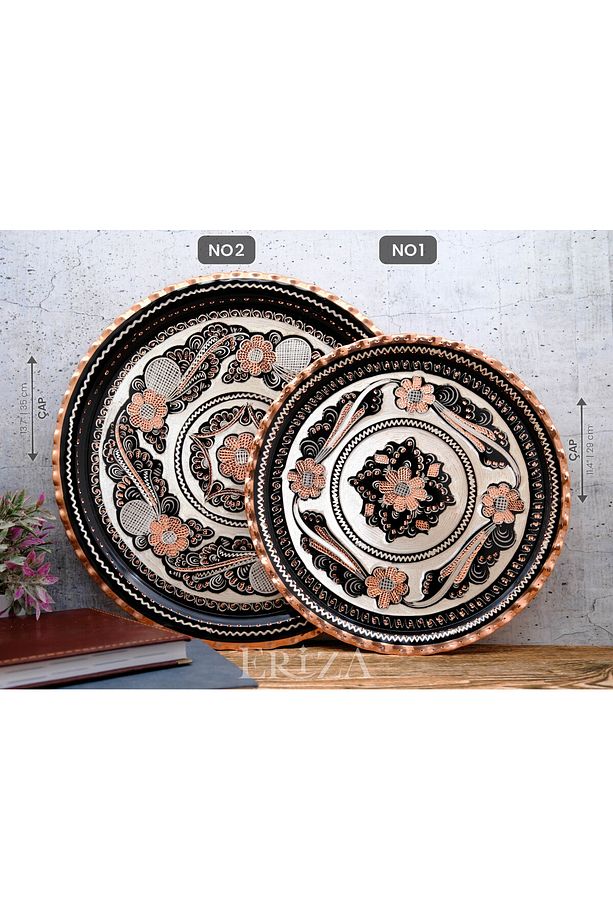 Yuvarlak İşlemeli Bakır Servis Tepsisi 40 Cm - 5