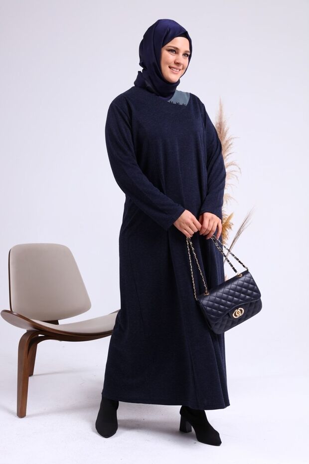 Plus Daily Long Sleeve Women's Large Size Dress Navy Blue