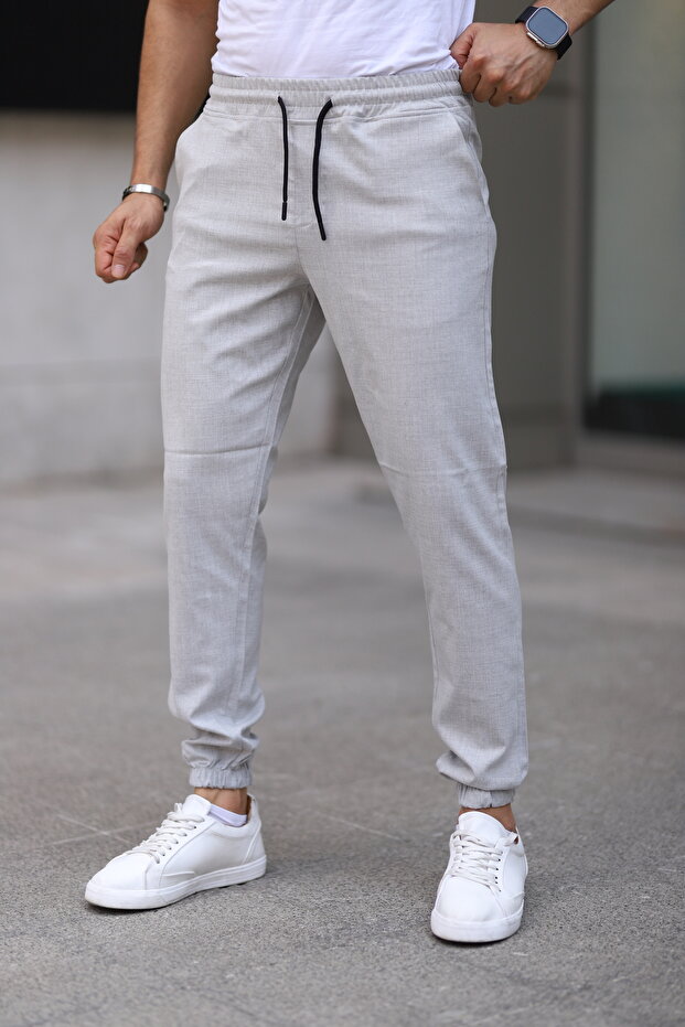 Men's Grey Color Waist - Elastic Leg Lace Flexible Fitted Jogger Pants Fabric Trousers