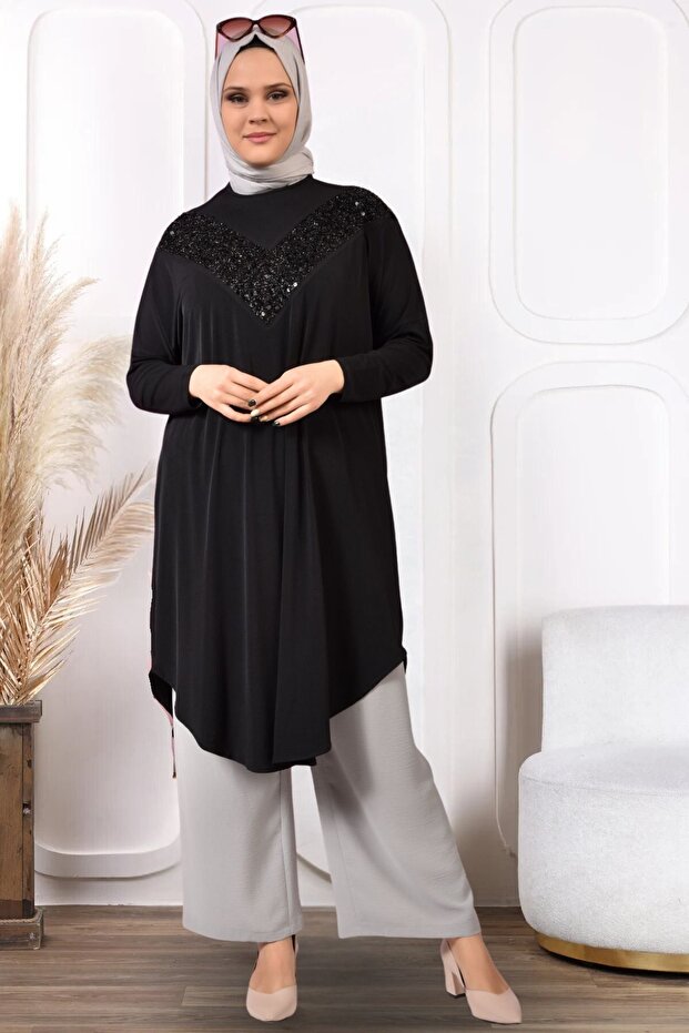 Large Size Shirt Long Women's Sequined Bat Sleeve Tunic Black