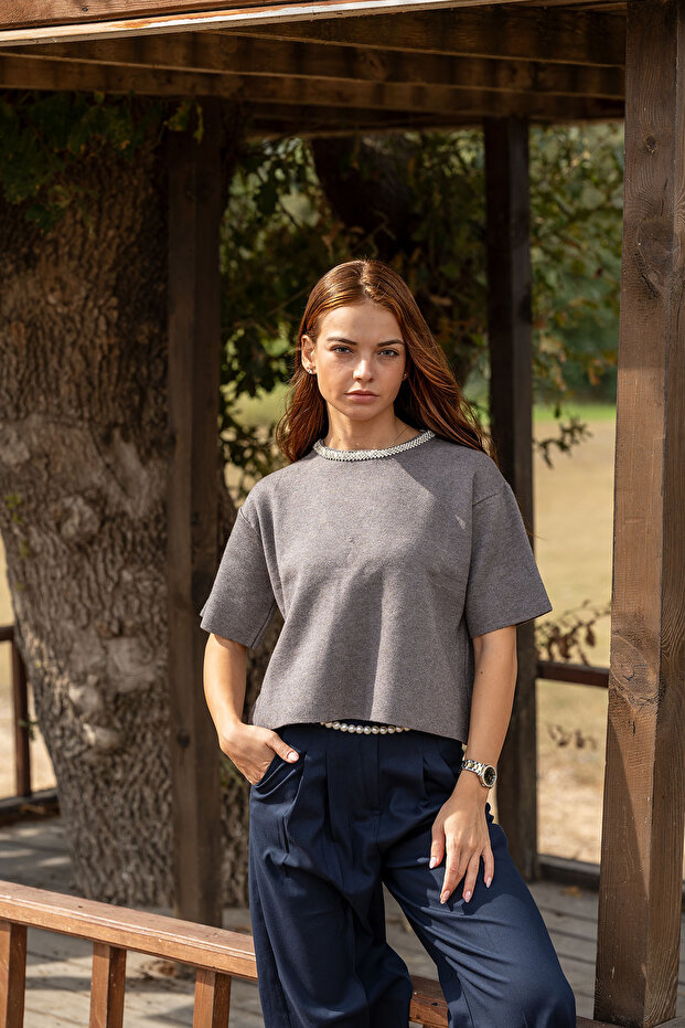 Taşlı Yaka Basic Bluz Antrasit - 5