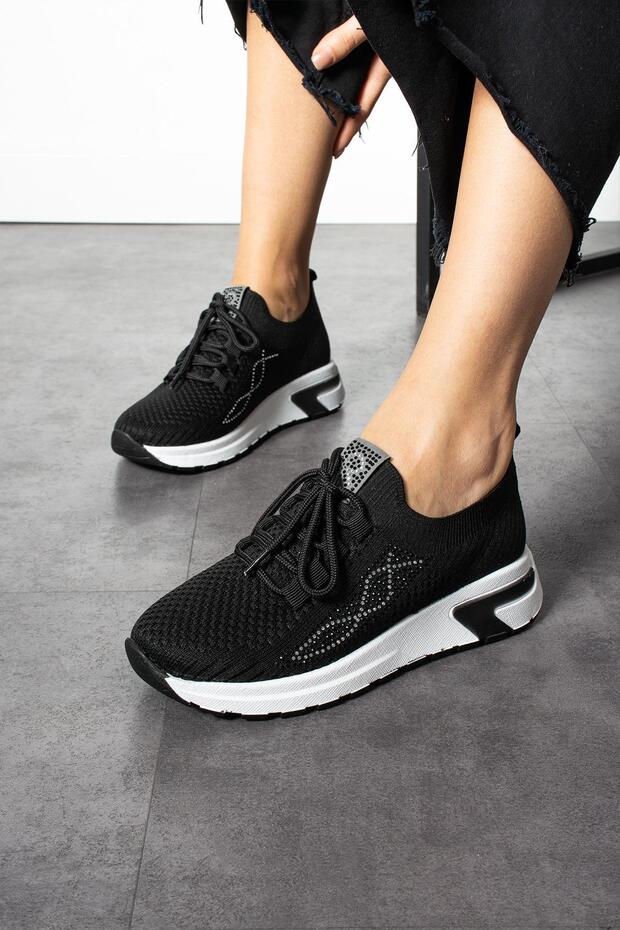 Luminita Women's Sneakers Lace-up Knitwear Woven Side Stone Sports Shoes Black