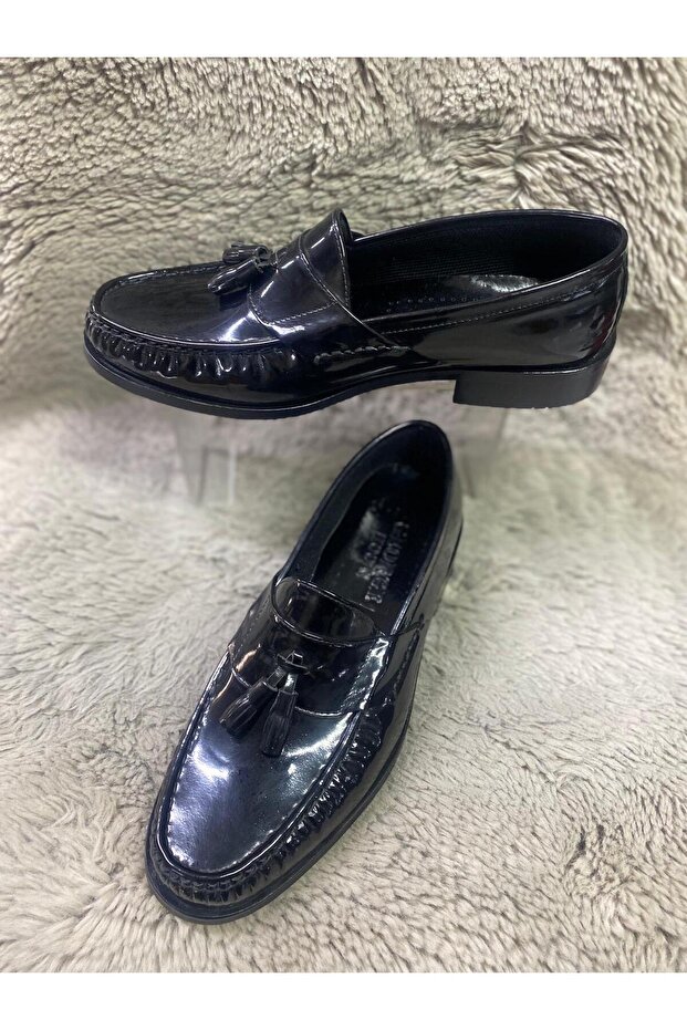 siyah dış meteryal rugan niolit taban püskül aksesuarlı erkek babet ayakkabı - 1