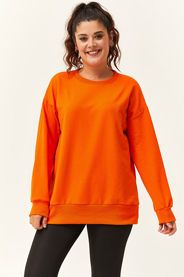Kadın Büyük Beden Basic Turuncu Sweatshirt - 1