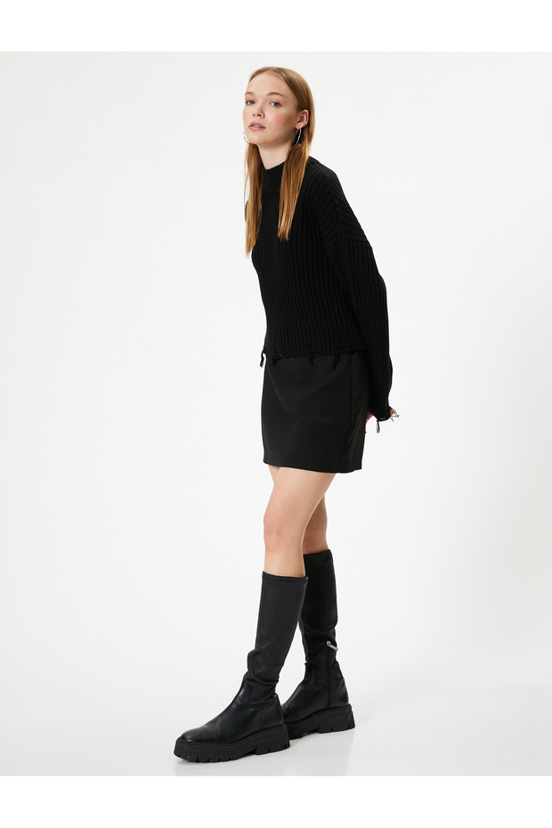 High-Neck Sweater with Long Sleeves and Frayed Detail