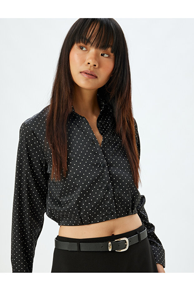 Crop Shirt Long Sleeve Polka Dot Buttoned Classic Collar Slim Fit Elastic Waist