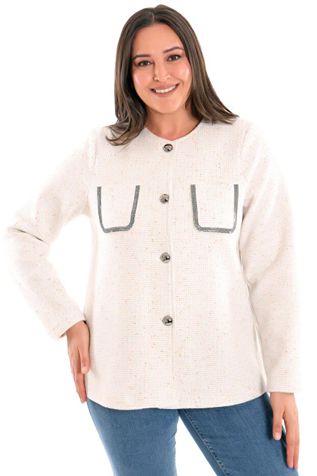 Trend42plus Large Size Pocket Stone Printed Ecru Jacket