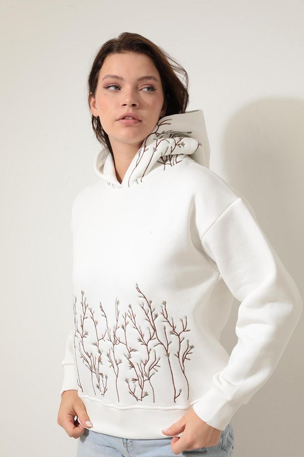 Ekru Önü ve Kapüşonu Dal Nakışlı Kapüşonlu Sweatshirt - 2429 - 5
