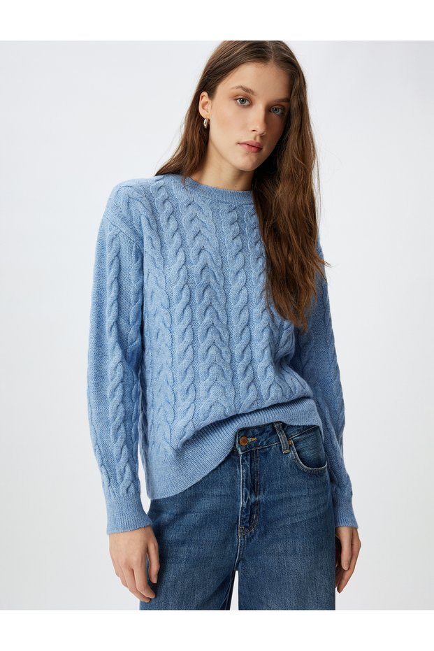 Knitted Sweater with Textured Hair Weave, Long Sleeves, Crew Neck