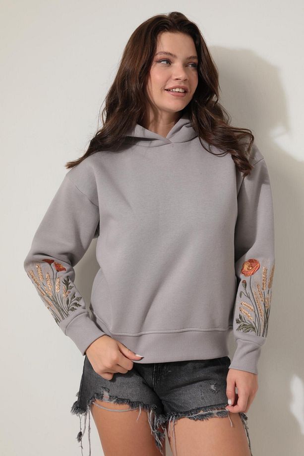Gri Kolları Başak Nakışlı Kapüşonlu Sweatshirt - 2428 - 6