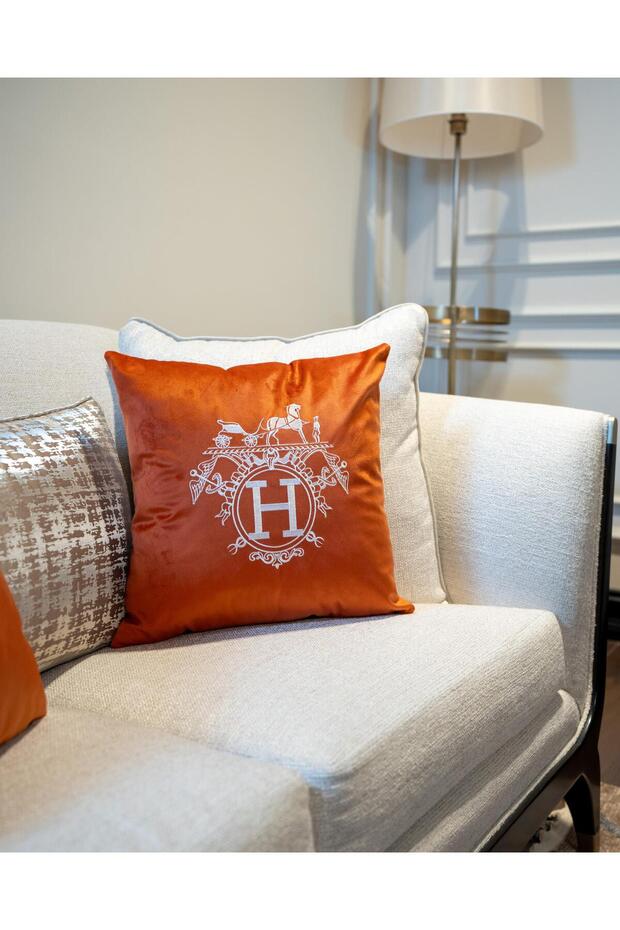 H Car Embroidered Cushion Cover Tile-Ecru
