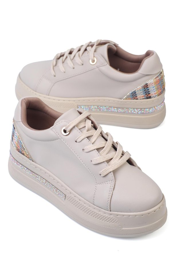 Olala Women's Sneakers Lace-Up Back Patterned Sports Shoes Beige Leather