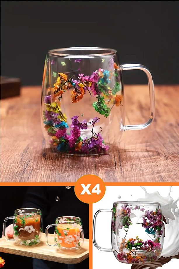 4'lü Çift Cidarlı Flower Cup 350ml Çiçekli Bardak Kahve Çay Bardağı El Yapımı Kulplu Cam Bardak Set - 1