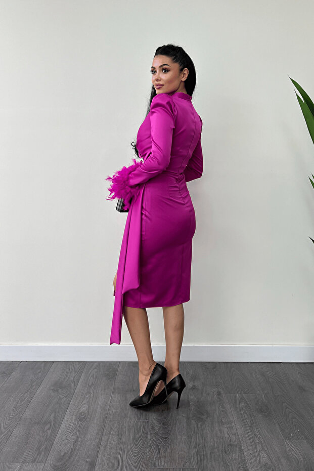 Szatén szövet Otriş részletes ceruza ruha - FUSSIA - 5