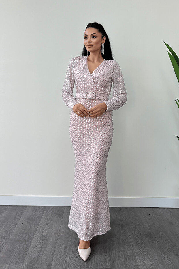 Checked Sequined Fabric Double-Breasted Neck Dress - POWDER