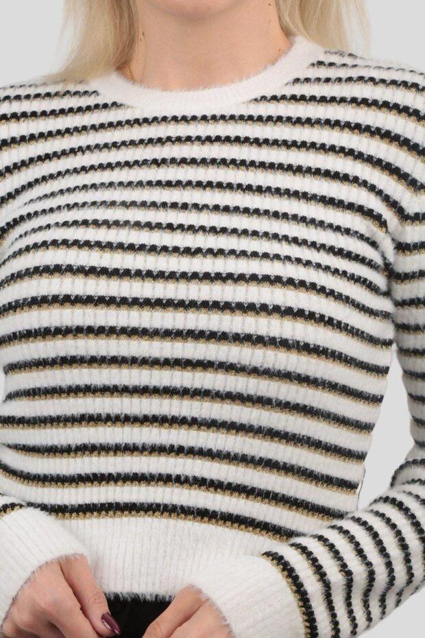 3520 Model White Striped Sweater - 3