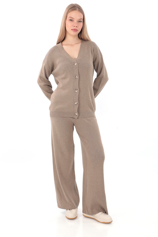 Women's Cotton Acrylic Cardigan Pants Knitwear Set Mink