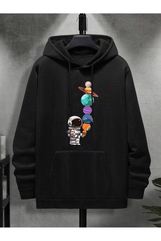 Nasa Astronaut Front Printed Black2 Oversize Hooded Sweatshirt Hoodie