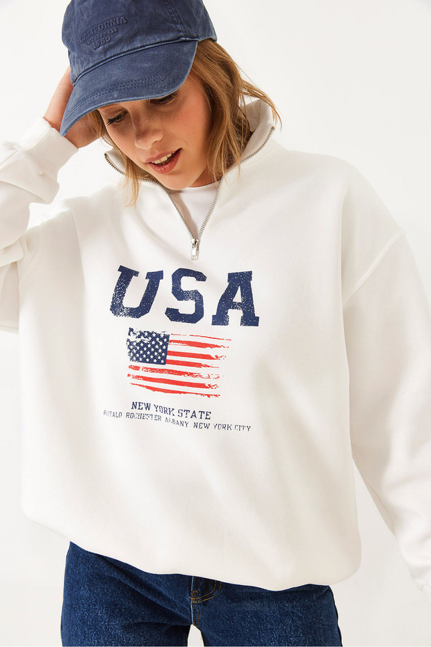Women's White Arım Zippered Usa Printed Stand Collar Sweatshirt 60251880
