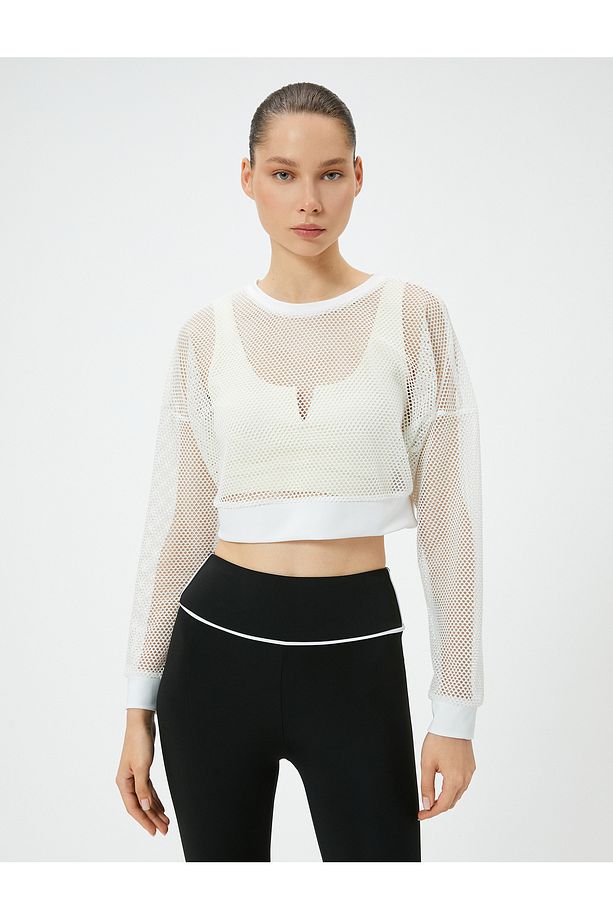 Spor Crop File Tişört Uzun Kollu Bisiklet Yaka Rahat Kalıp - 3