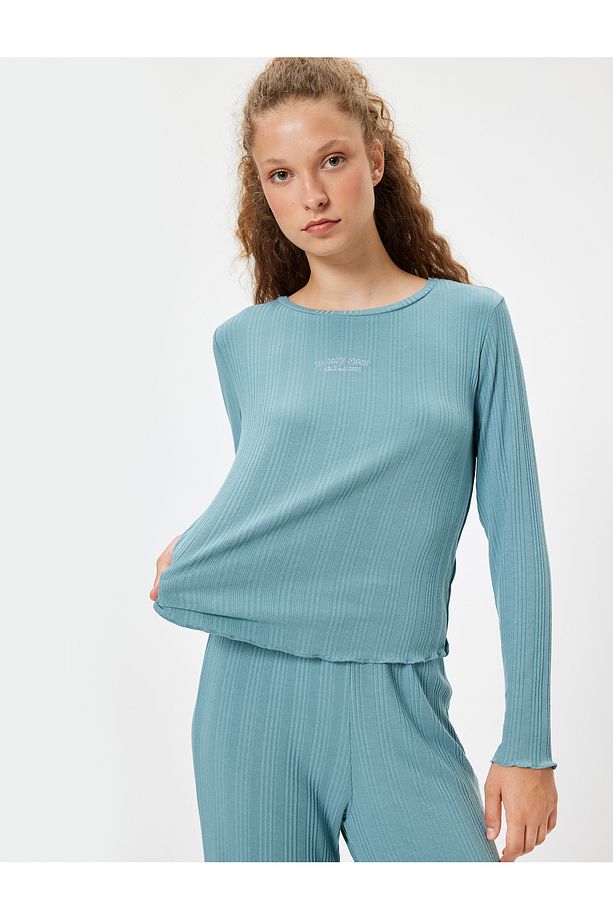 Modal Kumaş Pijama Üstü Uzun Kollu Bisiklet Yaka - 1