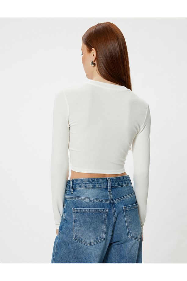 Uzun Kollu Crop Basic Body Yuvarlak Yaka Viskon Kumaş - 4