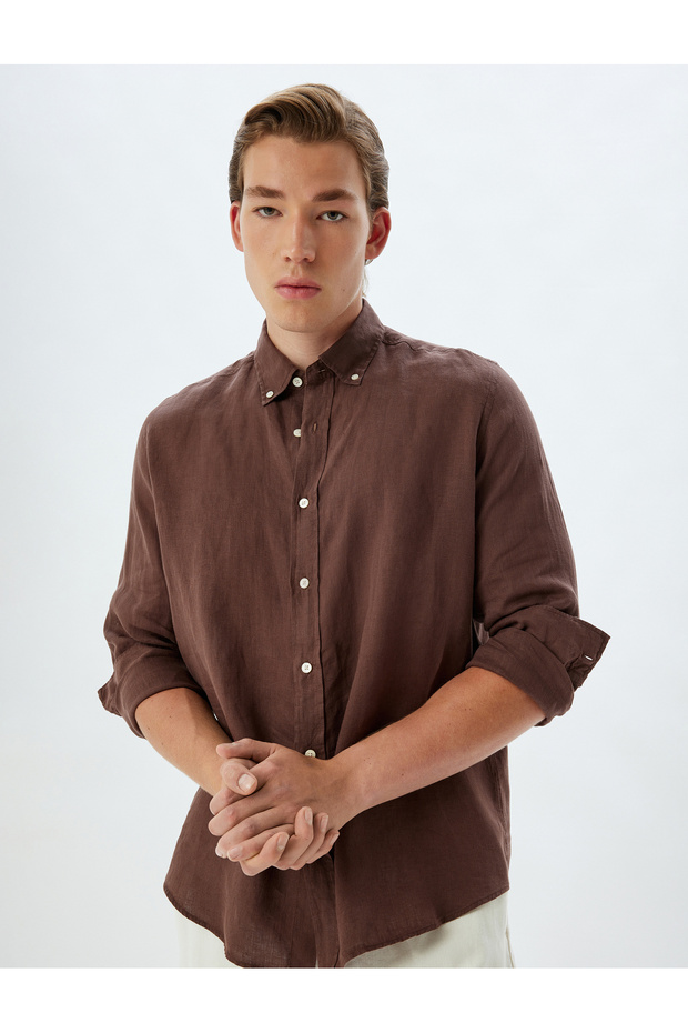 Linen Shirt Long Sleeve Buttoned Collar Detailed