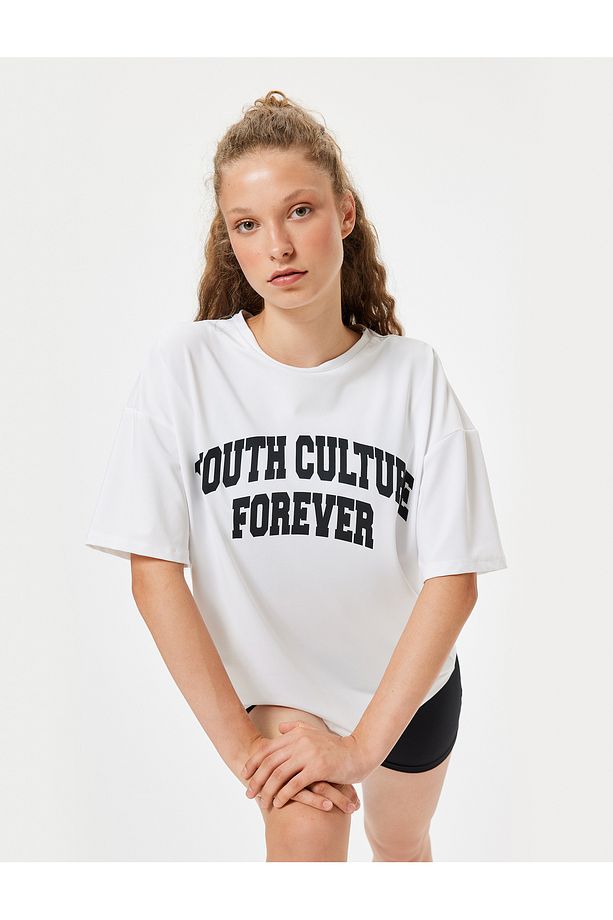 Oversize Spor Tişört Slogan Baskılı Bisiklet Yaka Kısa Kollu - 2