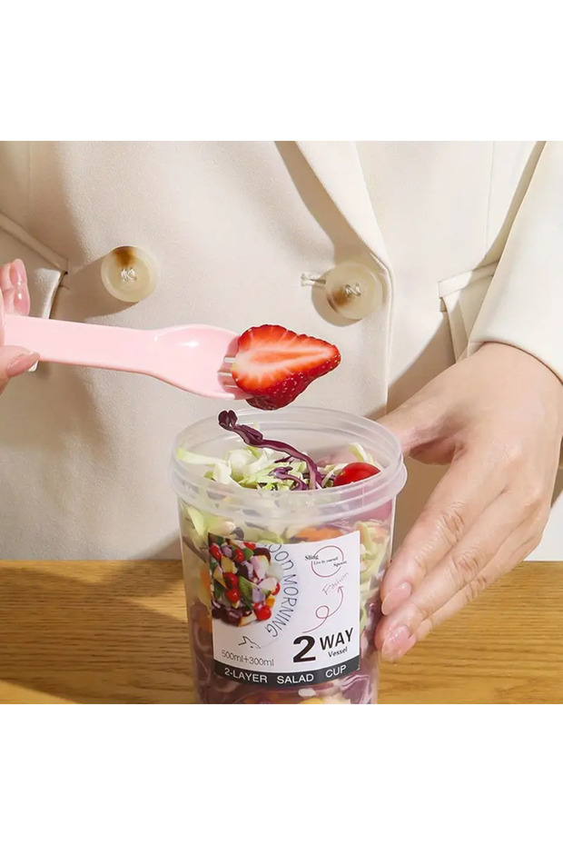 2-Layer Bpa Free Salad and Container - with Sauce Bowl, Carrying String and Spoon/Fork Set - 5