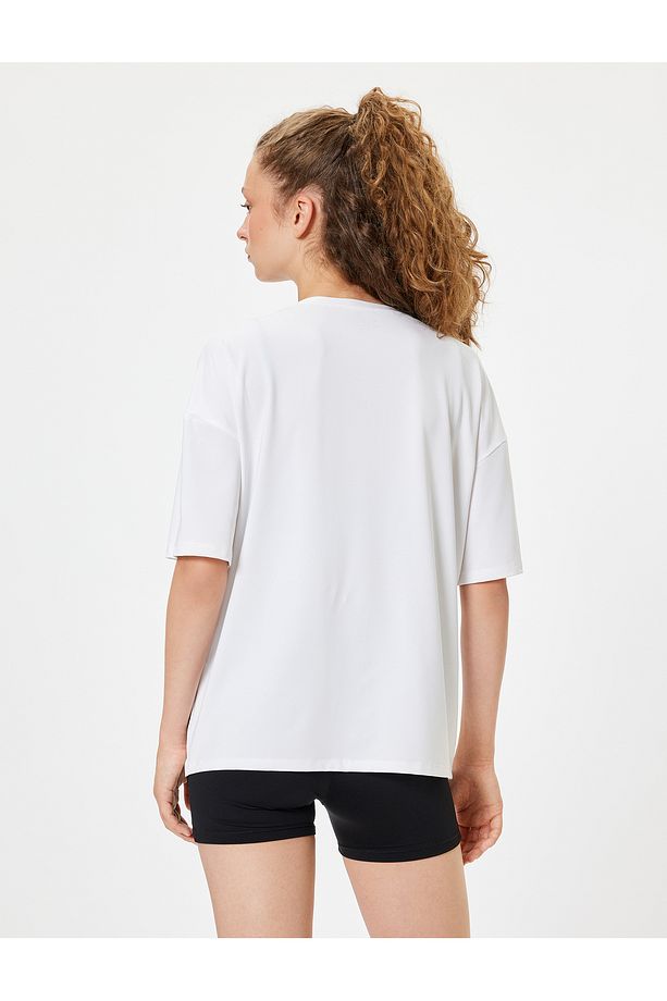 Oversize Spor Tişört Slogan Baskılı Bisiklet Yaka Kısa Kollu - 4