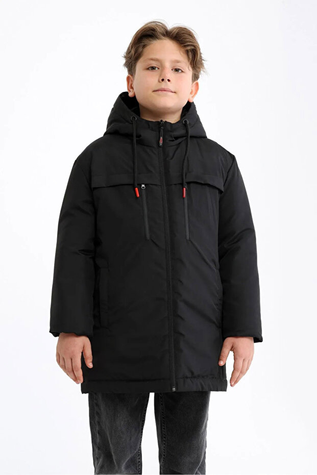 Boy's Black Fiber Hooded Windproof Puffer Winter Jacket