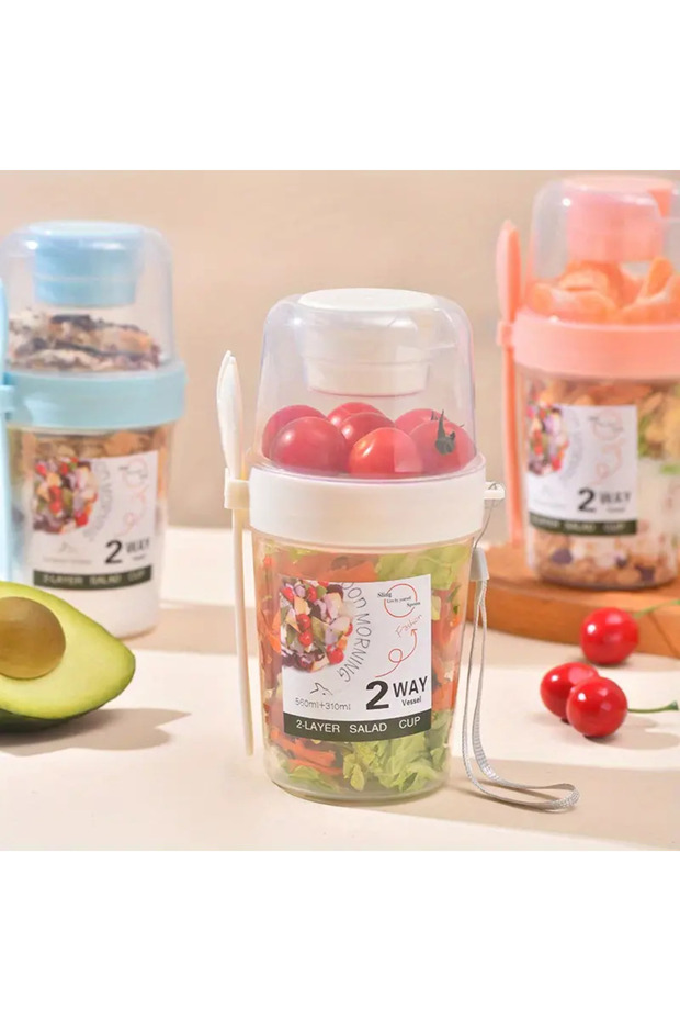 2-Layer Bpa Free Salad and Container - with Sauce Bowl, Carrying String and Spoon/Fork Set - 8