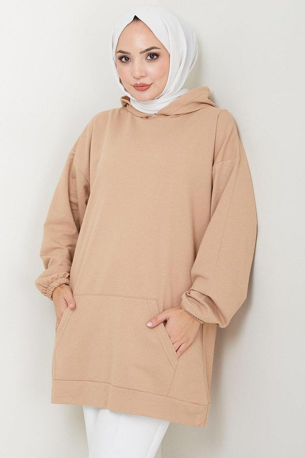 Kanguru Cepli Kapüşonlu Sweatshirt Tunik Camel HM2510 - 4