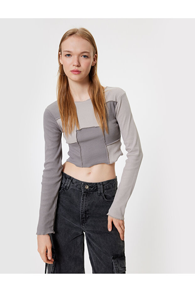 Crop T-Shirt Long Sleeve Camisole Color Block Ribbed Slim Fit