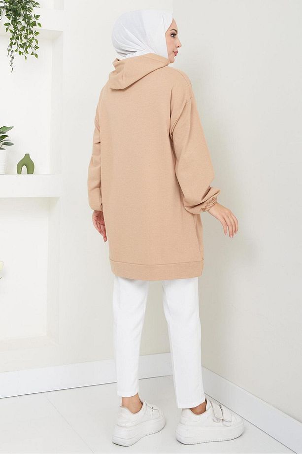 Kanguru Cepli Kapüşonlu Sweatshirt Tunik Camel HM2510 - 5