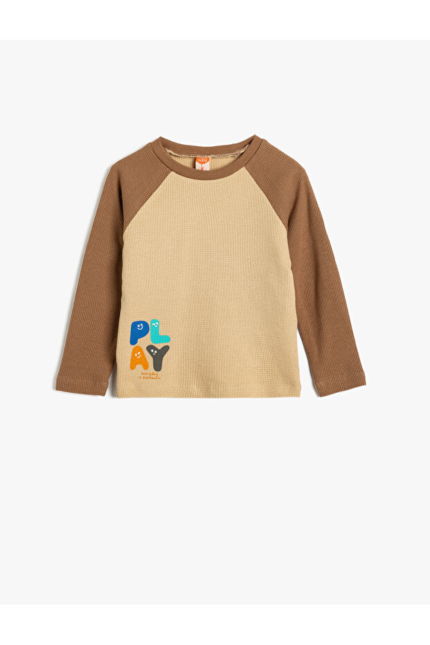 T-Shirt Long Sleeve Crew Neck Color Block Print Detailed